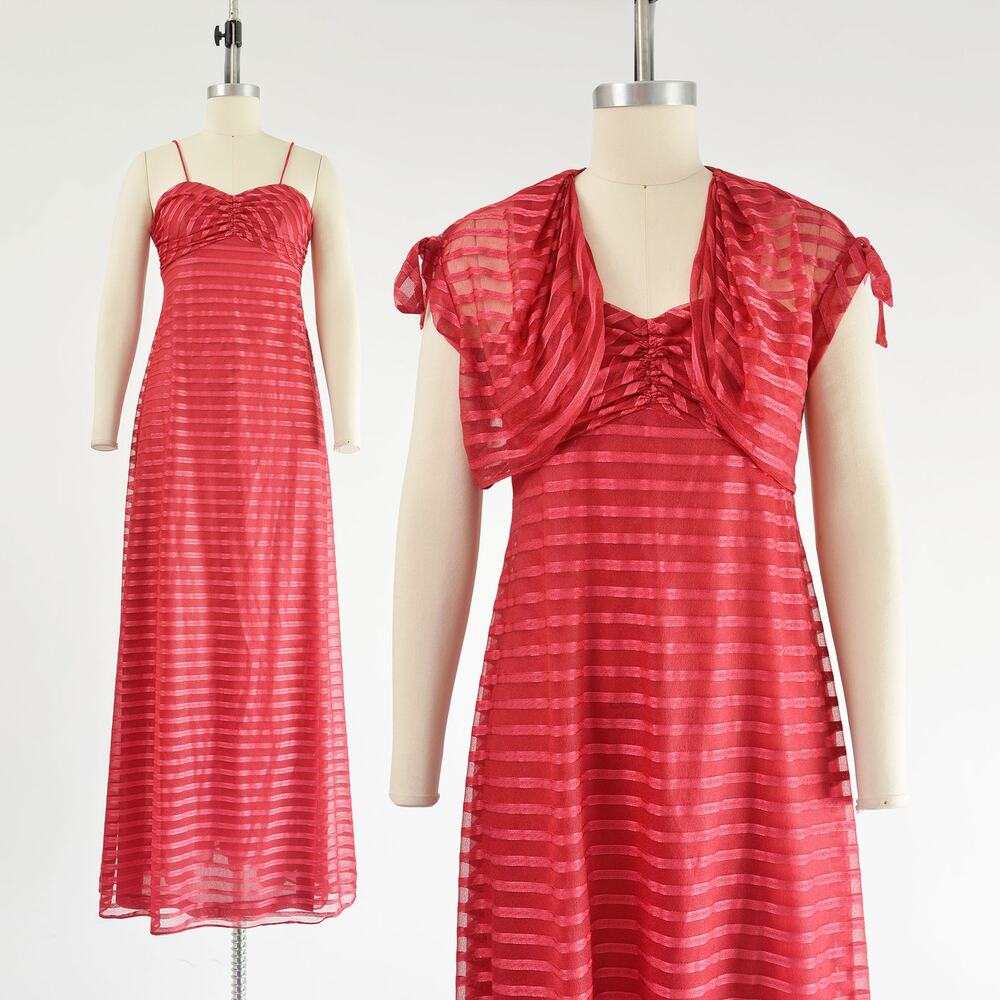Vintage 70s Crimson Red Empire Waist Spaghetti Strap Maxi Dress Bolero Jacket XS